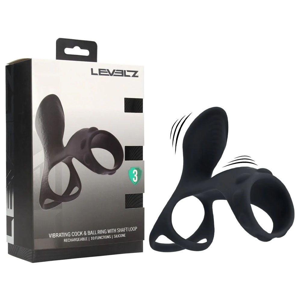 LEVELZ Vibrating Cock & Ball Ring with Shaft Loop - Black USB Rechargeable Vibrating Cock & Ball Rings