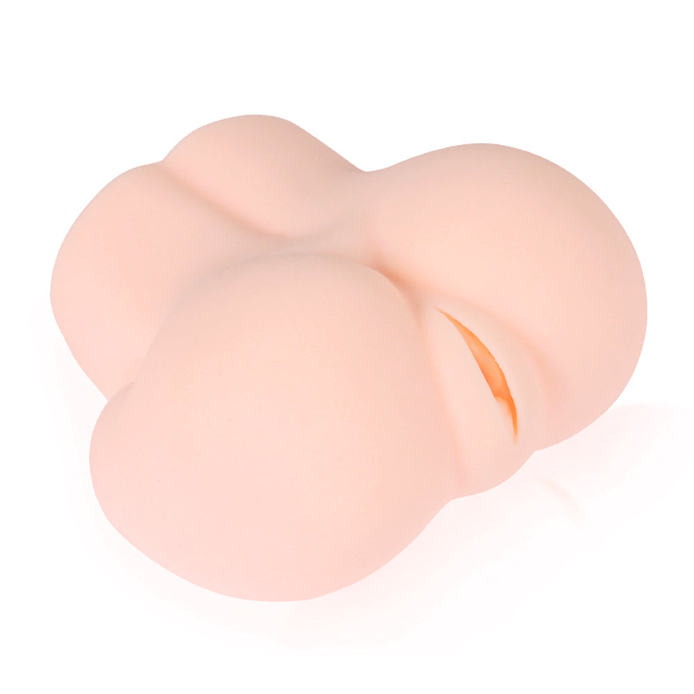 Soft peach handheld masturbator with rounded buttocks shape and a detailed vulva opening.