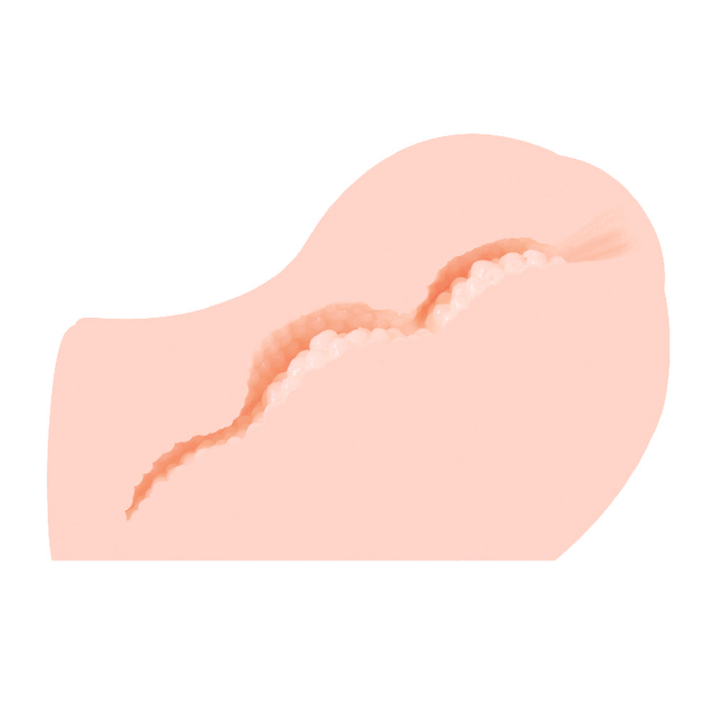 Cross-section of a pale pink stroker showing a wavy inner tunnel with ridges and soft nodules.
