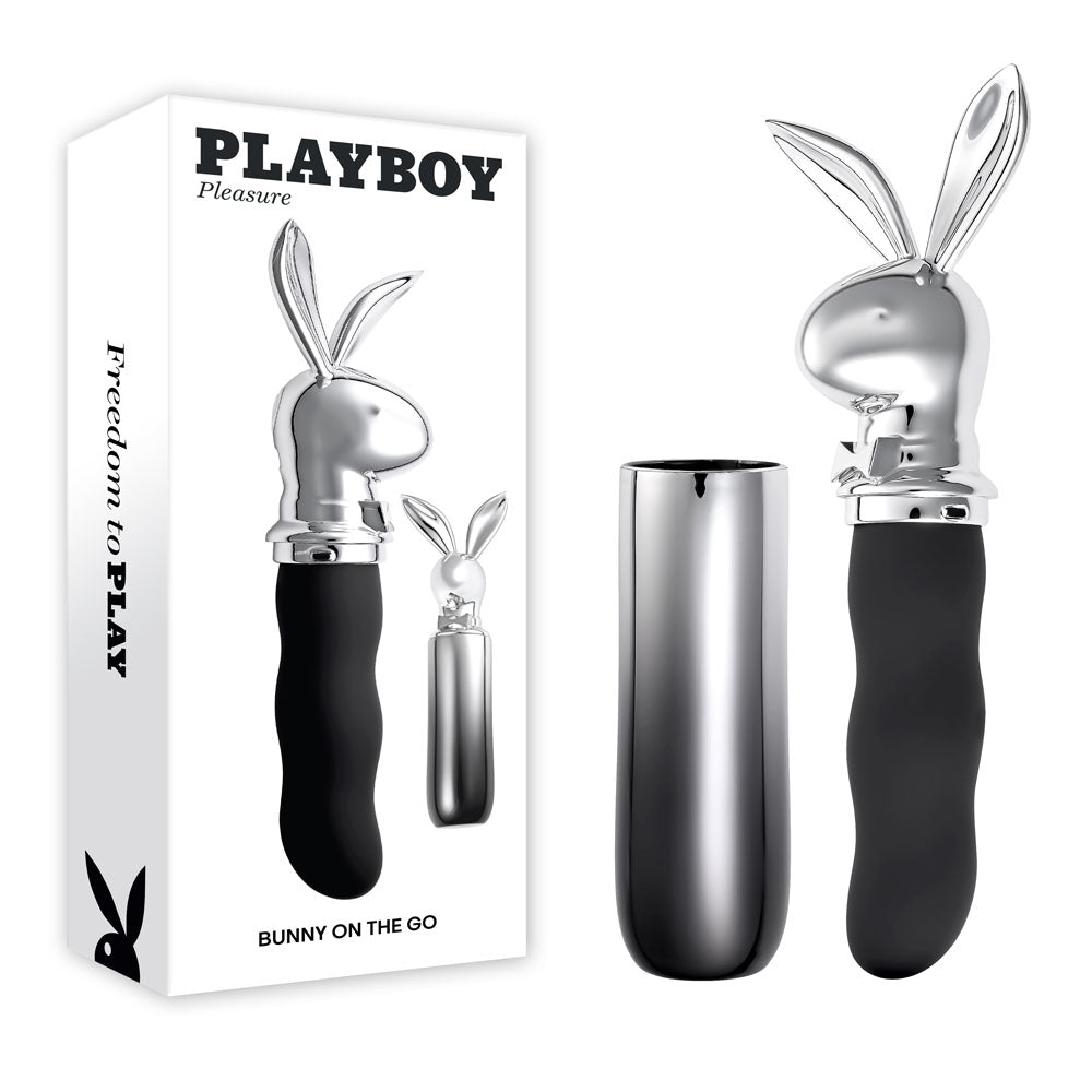 Playboy Bunny on the Go vibrator with packaging on a white background
