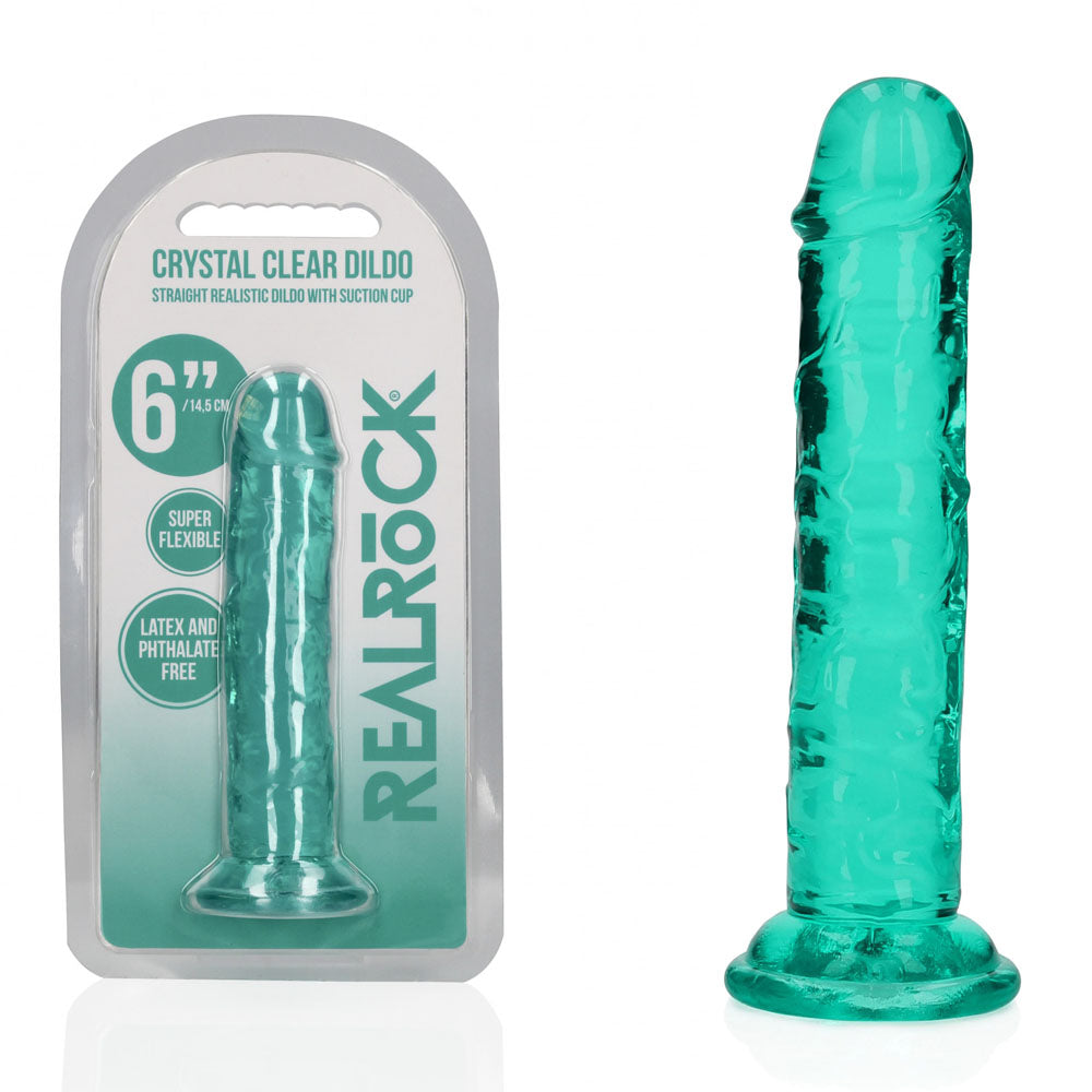 6 inch Green clear dildo with packaging labeled 'Real Rock' on a white background