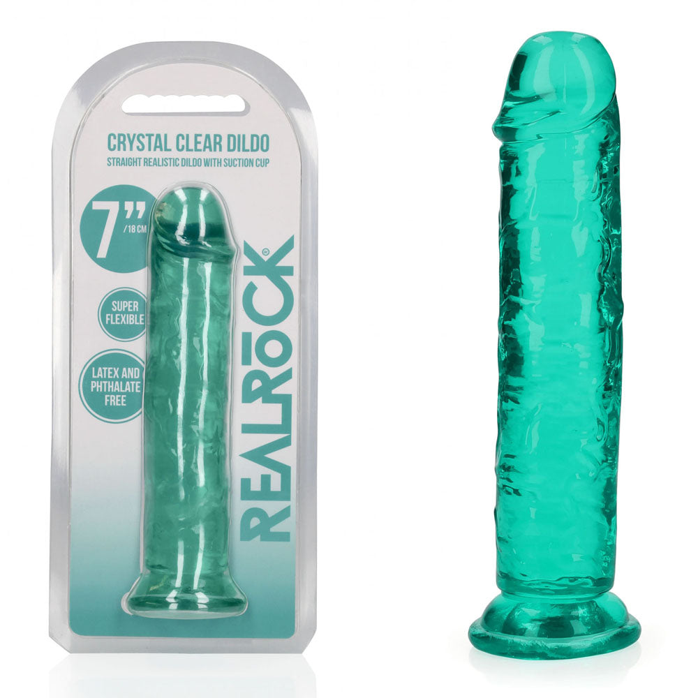7 inch Green clear dildo with packaging displaying 'Real Rock' branding on a white background