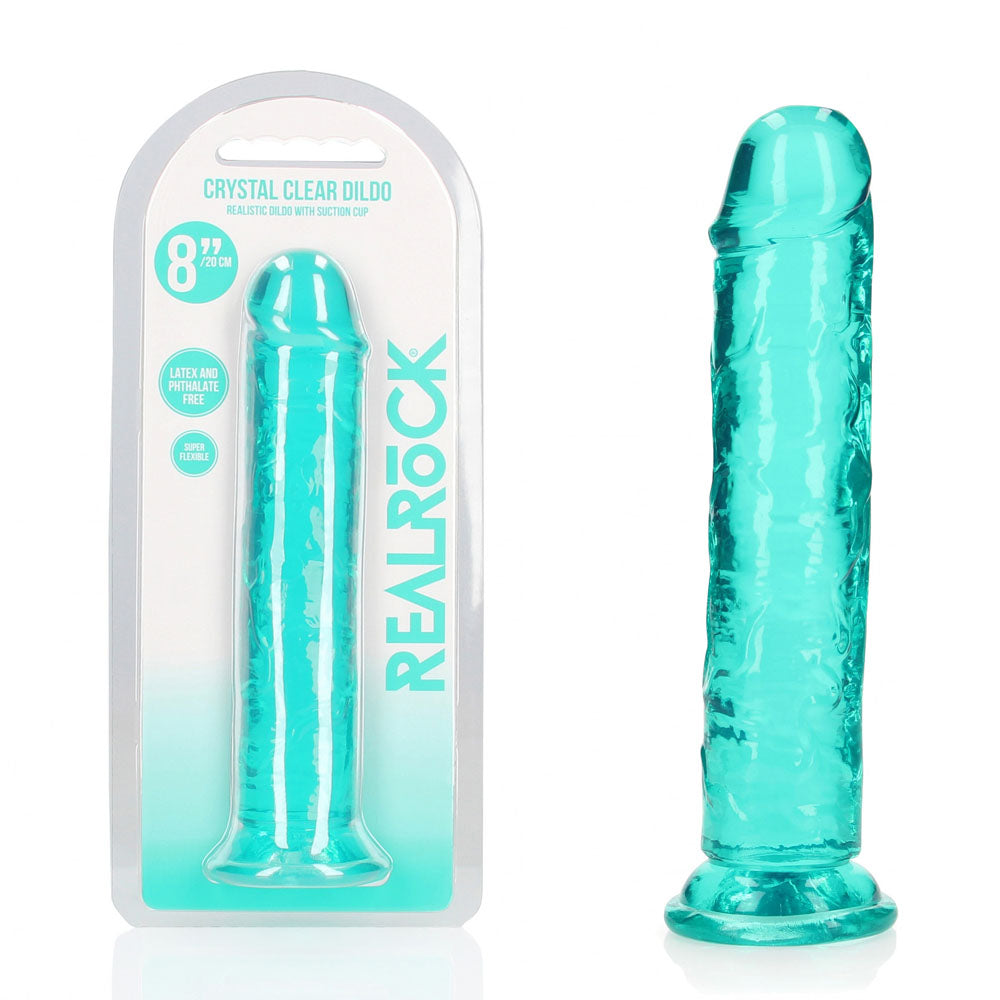 eight inch Turquoise clear dildo with packaging on a white background
