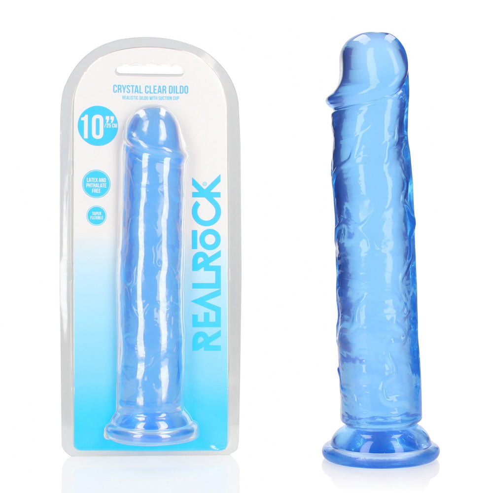 10" Blue clear dildo with packaging on a white background