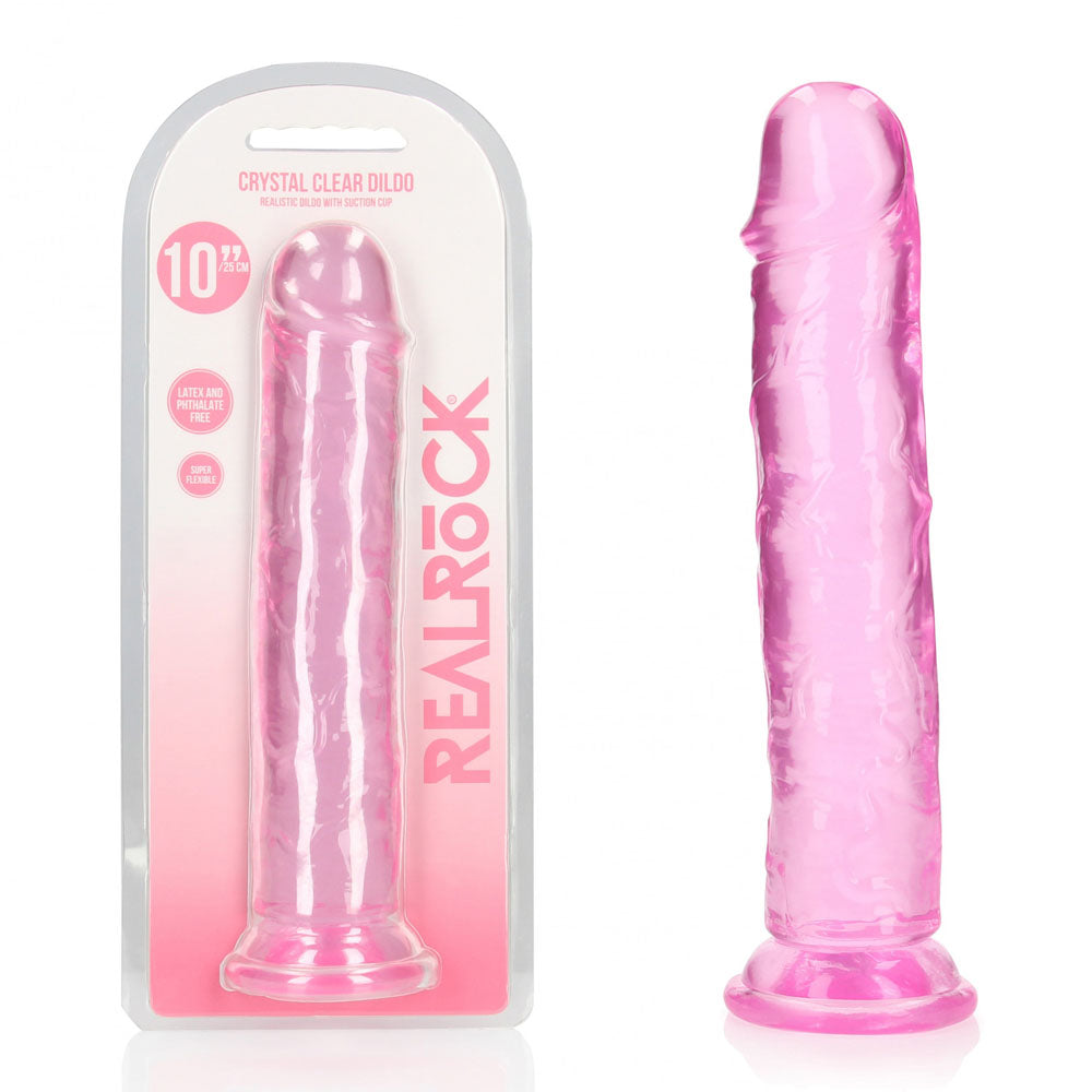 10" Pink clear dildo with 'Real Rock' packaging on a white background