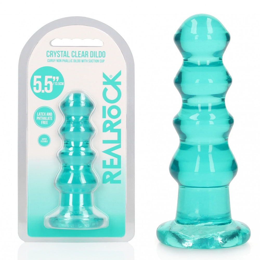 5.5" Turquoise clear dildo with packaging labeled 'Real Rock' on a white background