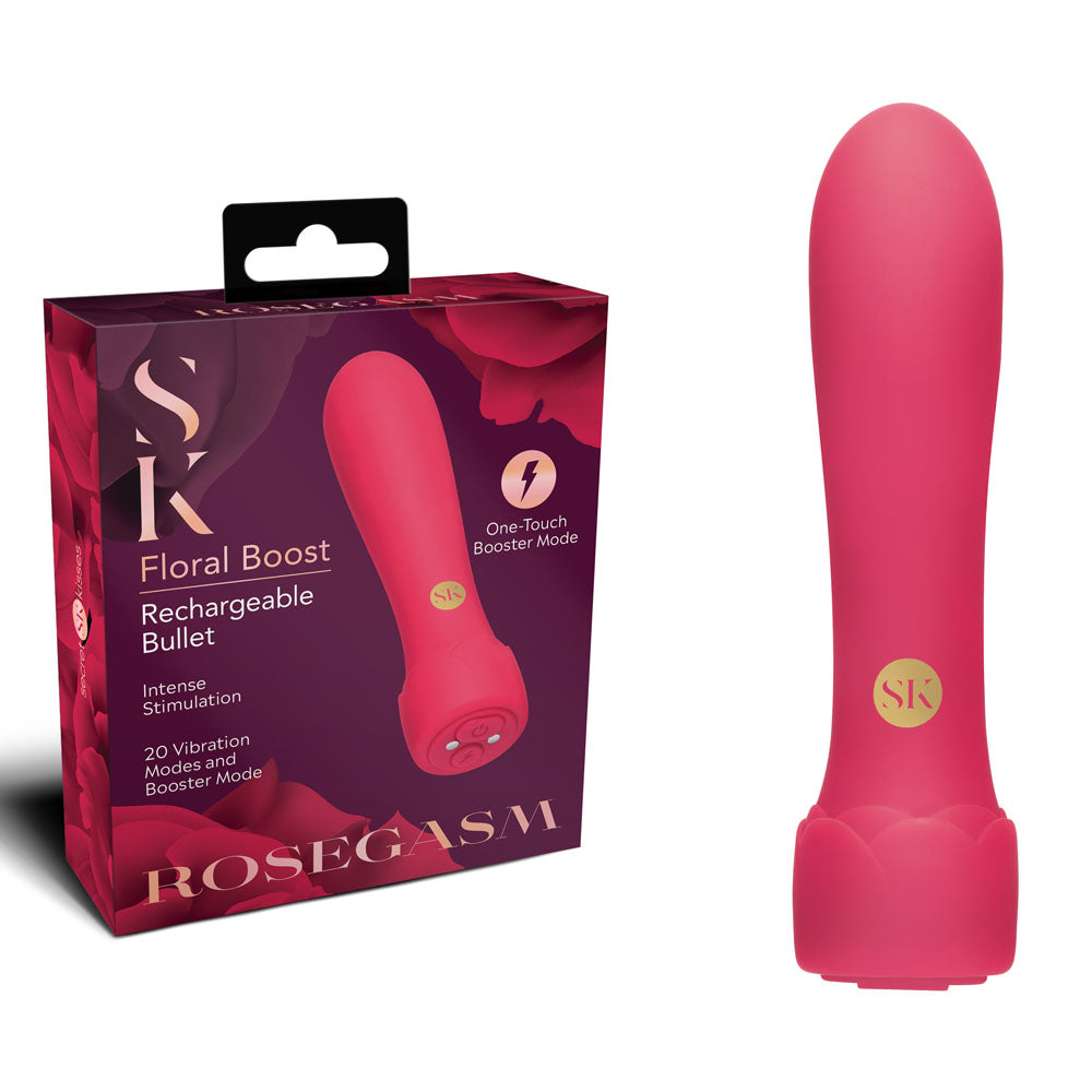 Pink rechargeable bullet with packaging labeled 'SK Floral Boost' on a white background
