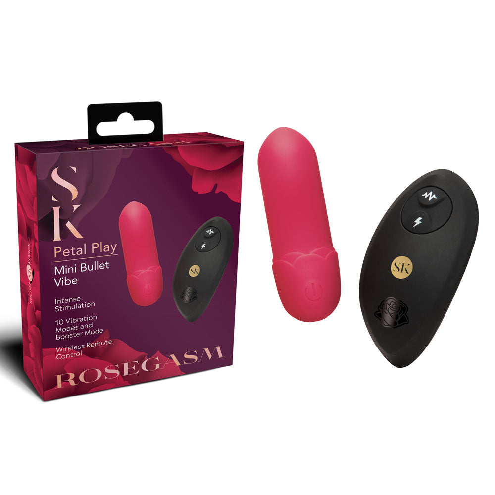 Rosegasm Petal Play Mini Bullet Vibe with packaging and remote control on a white background