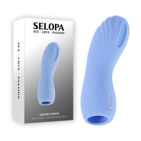 Periwinkle Selopa Good Point finger vibe standing beside white Good Point retail box.