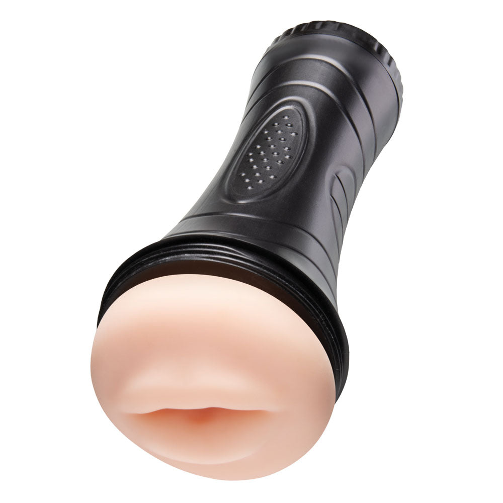 Black flashlight shaped like a human ear on a white background