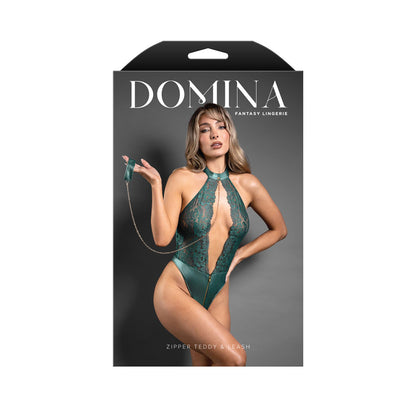 DOMINA Zipper Teddy & Leash - S/M - Pine Green - S/M Size