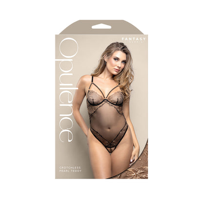 OPULENCE Crotchless Pearl Teddy SM - Black - S/M Size