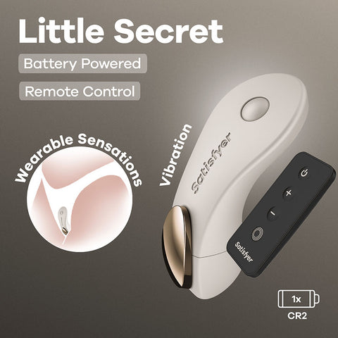 Beige Satisfyer Little Secret panty vibe with black remote and inset showing wearable panty placement.