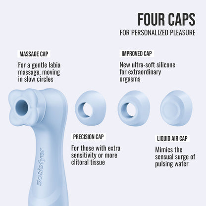 Satisfyer Pro 2 Generation 4 in Serene Blue four interchangeable caps: massage, precision, improved and liquid air