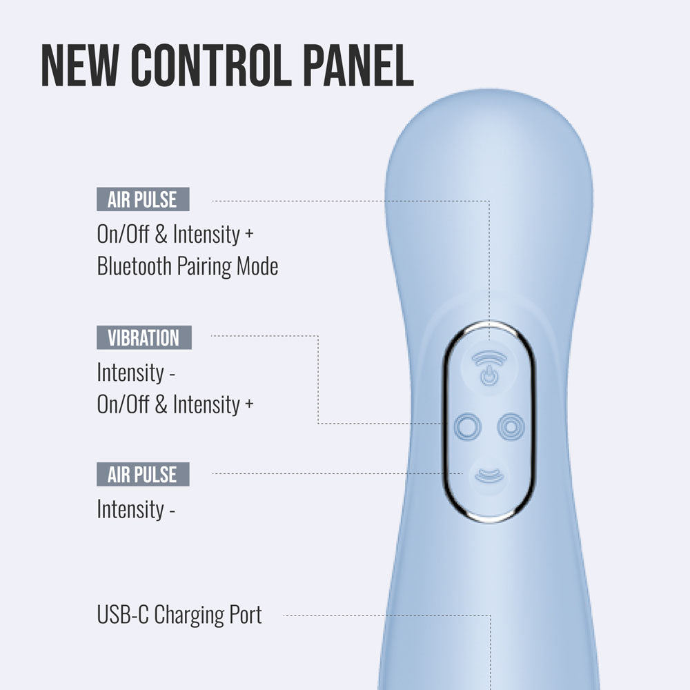 Satisfyer Pro 2 Generation 4 in Serene Blue control panel close-up with air pulse and vibration buttons