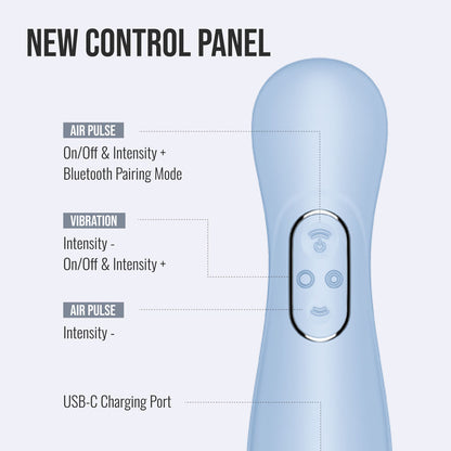 Satisfyer Pro 2 Generation 4 in Serene Blue control panel close-up with air pulse and vibration buttons