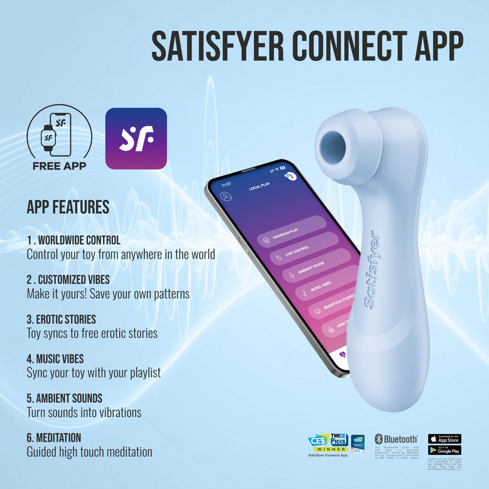 Satisfyer Pro 2 Generation 4 in Serene Blue shown with the Satisfyer Connect app on a smartphone