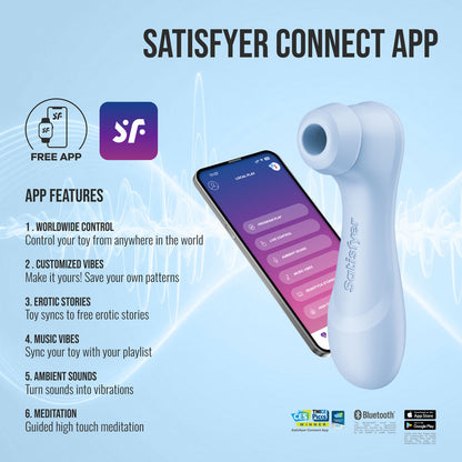 Satisfyer Pro 2 Generation 4 in Serene Blue shown with the Satisfyer Connect app on a smartphone