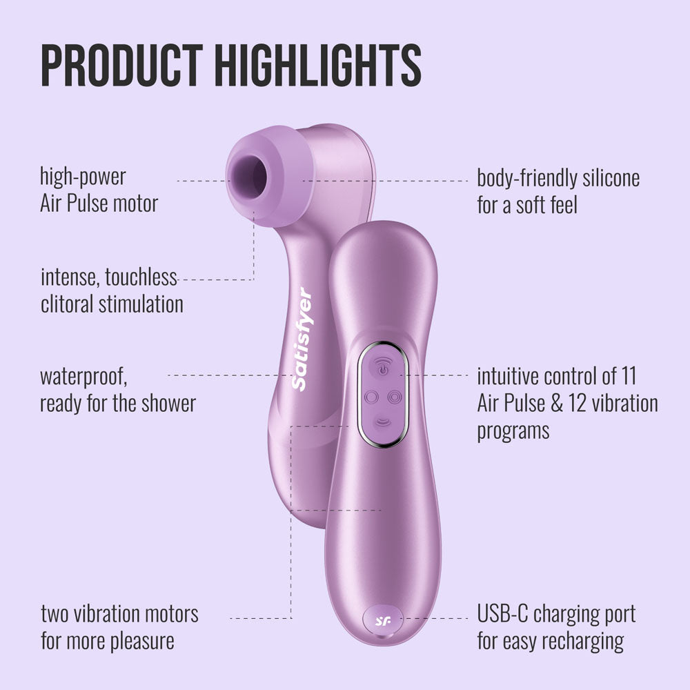 Satisfyer Pro 2 Generation 4 in Amethyst labelled diagram of features and USB-C charging port