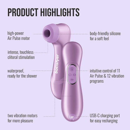 Satisfyer Pro 2 Generation 4 in Amethyst labelled diagram of features and USB-C charging port