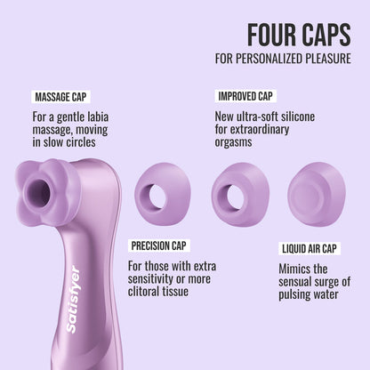 Satisfyer Pro 2 Generation 4 in Amethyst four interchangeable caps: massage, precision, improved and liquid air