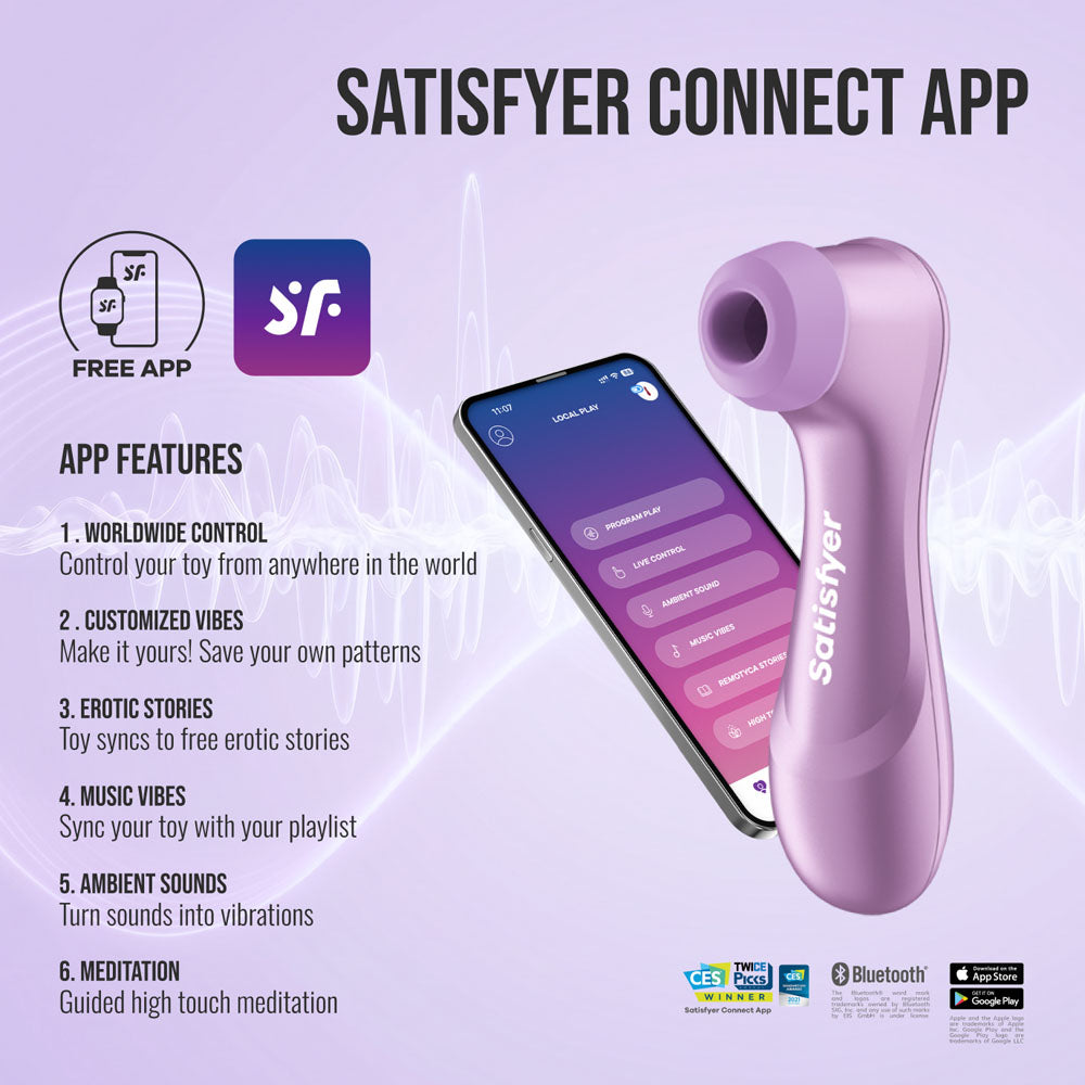 Satisfyer Pro 2 Generation 4 in Amethyst shown with the Satisfyer Connect app on a smartphone