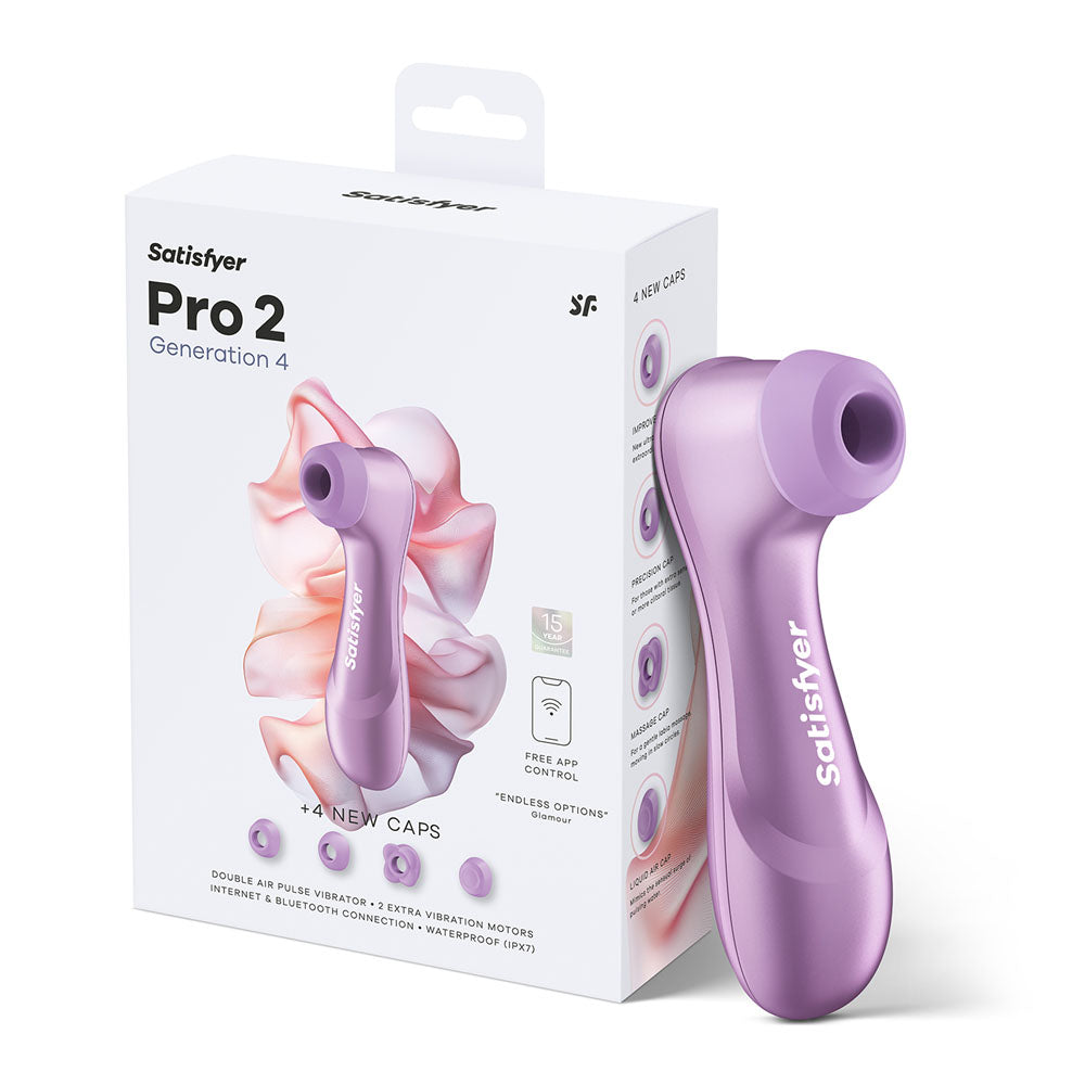 Satisfyer Pro 2 Generation 4 in Amethyst next to its retail box