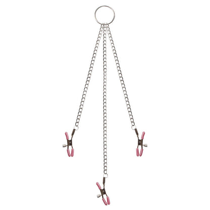 Silver three-chain clamp set with pink-tipped metal clips hanging from a central ring on white