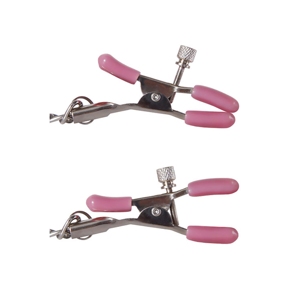 Side view of two silver adjustable clamps with pink tips and knurled screws on a white background