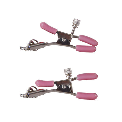 Side view of two silver adjustable clamps with pink tips and knurled screws on a white background