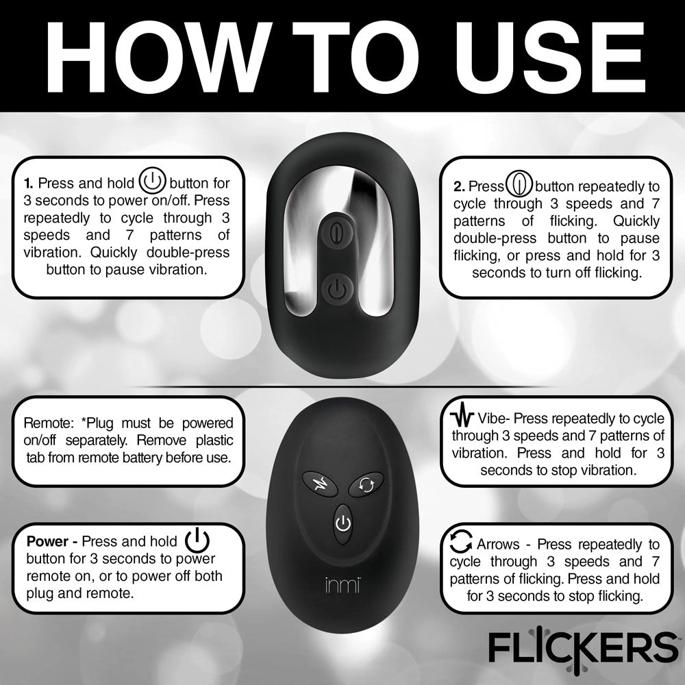 Inmi Flickers Bum Flick Flicking & Vibrating Butt Plug - Black 14 cm USB Rechargeable Flicking Butt Plug with Remote