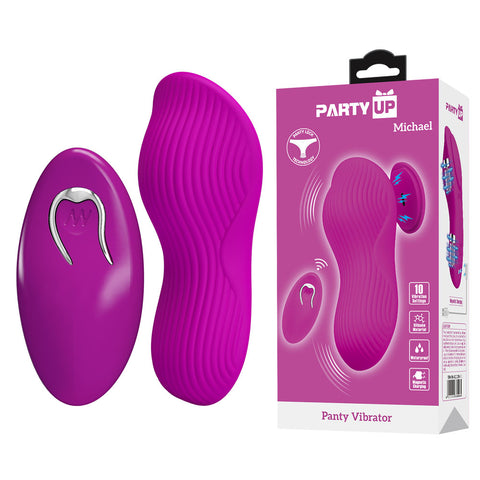 Pink Michael panty vibrator with matching remote and retail box for clitoris play.
