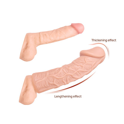 Diagram comparing bare shaft to sleeved view, with arrows marking thickening and lengthening effect.