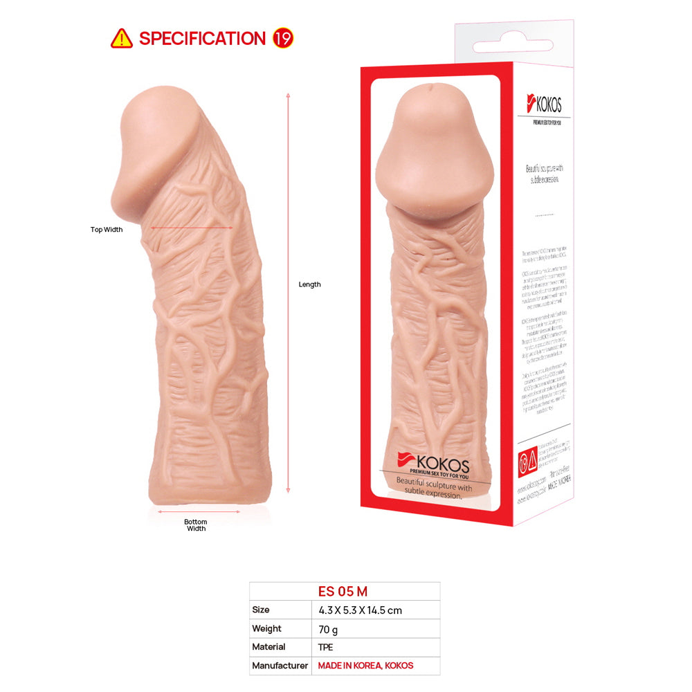 Tan veined sleeve beside Kokos box, with red length and width markers and size details below.
