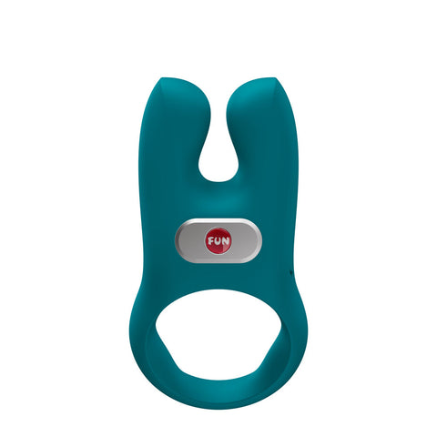 Front view of bottle green Fun Factory NOS ring vibe with dual tips for the clitoris.
