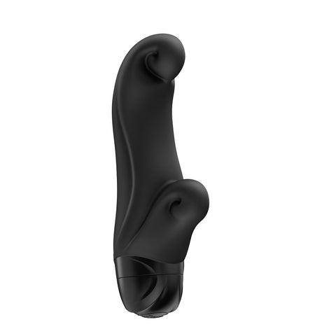 Side profile of black Fun Factory Ocean rabbit with curved shaft and wave-shaped clitoris arm.