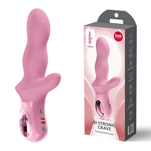 Rose Fun Factory BI STRONIC CRAVE rabbit vibrator standing beside its tall grey retail packaging.