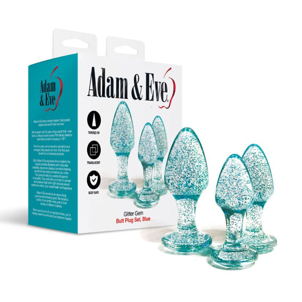 Adam & Eve Glitter Gem 3-Piece Butt Plug Set - Blue