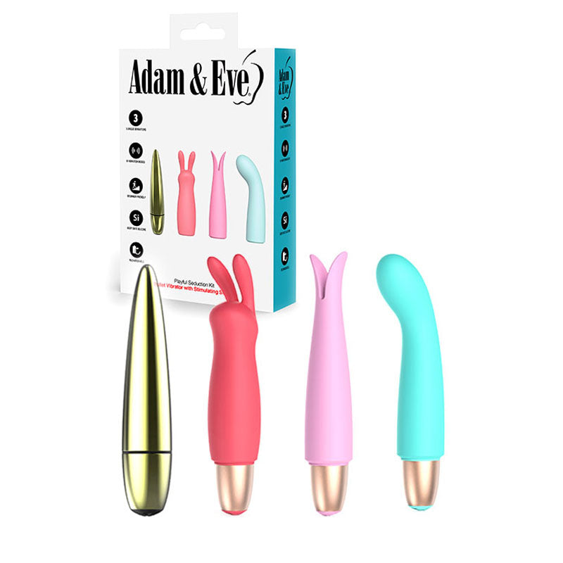 Adam & Eve PLAYFUL SEDUCTION KIT - USB Rechargeable Vibrator with 3 Interchangeable Sleeves