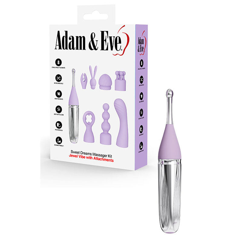 Adam & Eve SWEET DREAMS MASSAGER KIT - Lavender USB Rechargeable Point Stimulator with 8 Interchangeable Tips