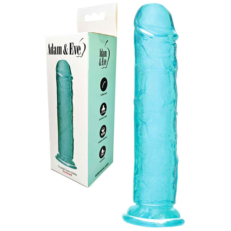 Translucent aqua green realistic dildo with a veined shaft and suction cup base, standing beside its Adam & Eve box.