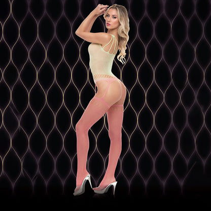 LAPDANCE Pink Mirage Suspender Bodystocking - Cream/Pink - One Size