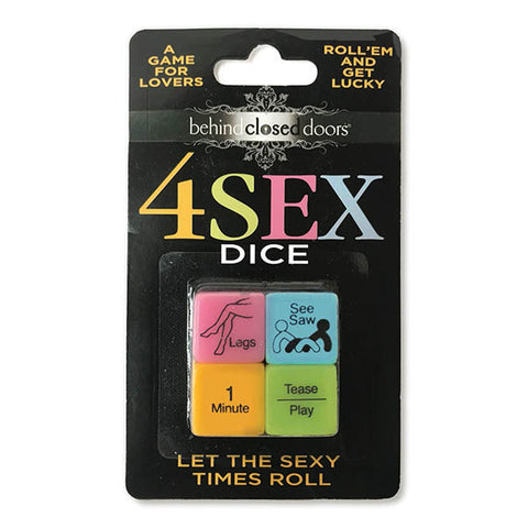 Four colourful sex dice in a clear blister on black Behind Closed Doors hanging card.