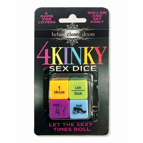 Black blister of four colourful kinky sex dice (yellow, lime, purple, blue) with pink text.
