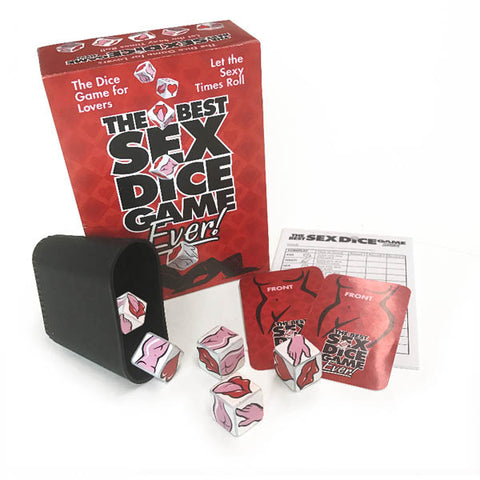 Red Best Sex Dice Game box with black dice cup, illustrated body-part dice, red FRONT cards and score sheet on white.
