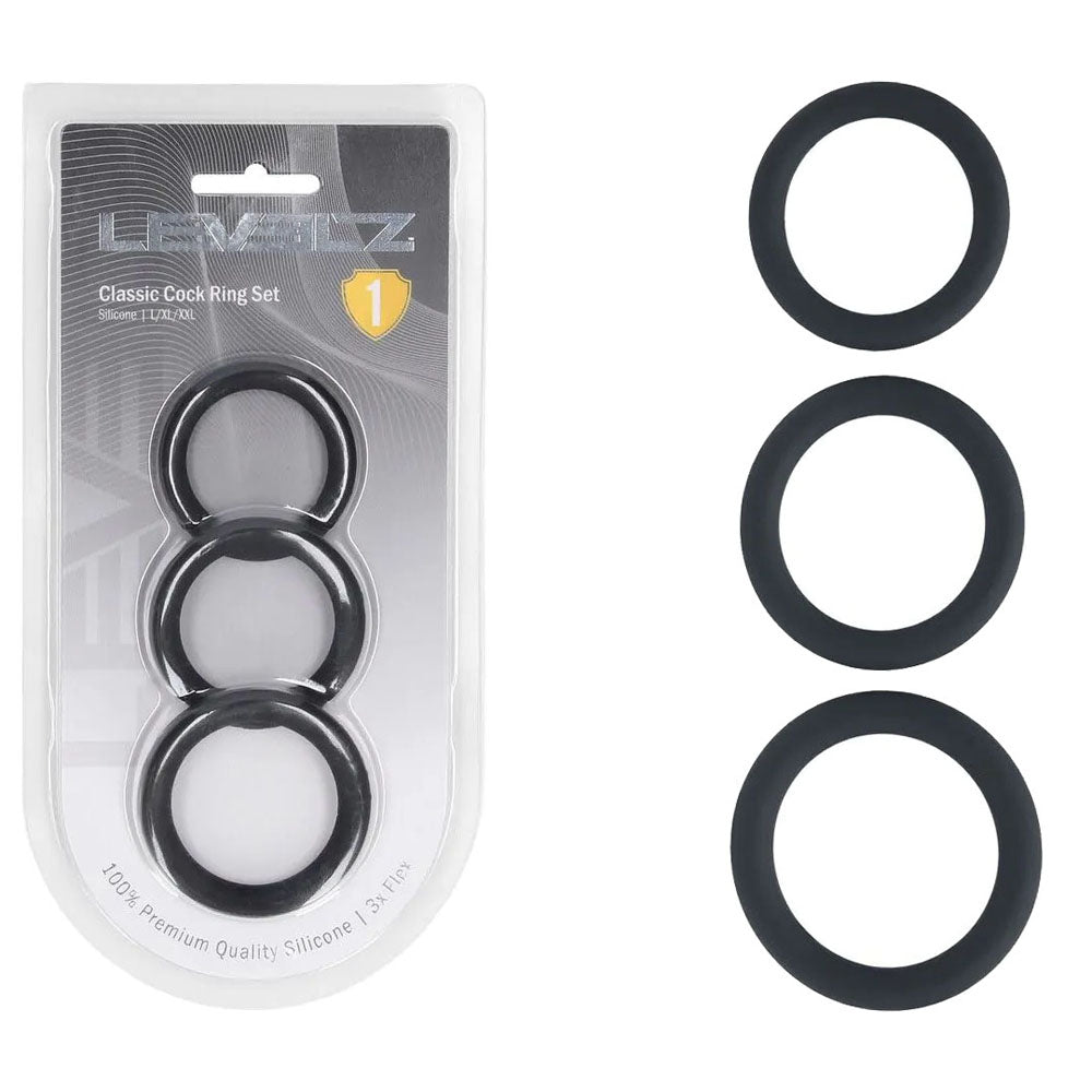 LEVELZ Classic Silicone Cock Ring Set - L/XL/XXL - Black Cock Rings - Set of 3 Sizes