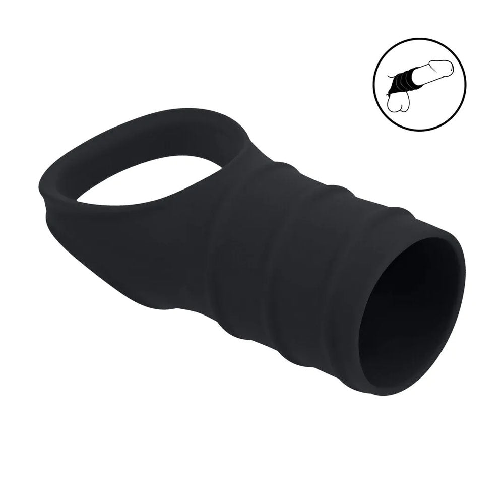 LEVELZ Silicone Cock Ring & Ribbed Sleeve - Black Cock Ring with Sleeve