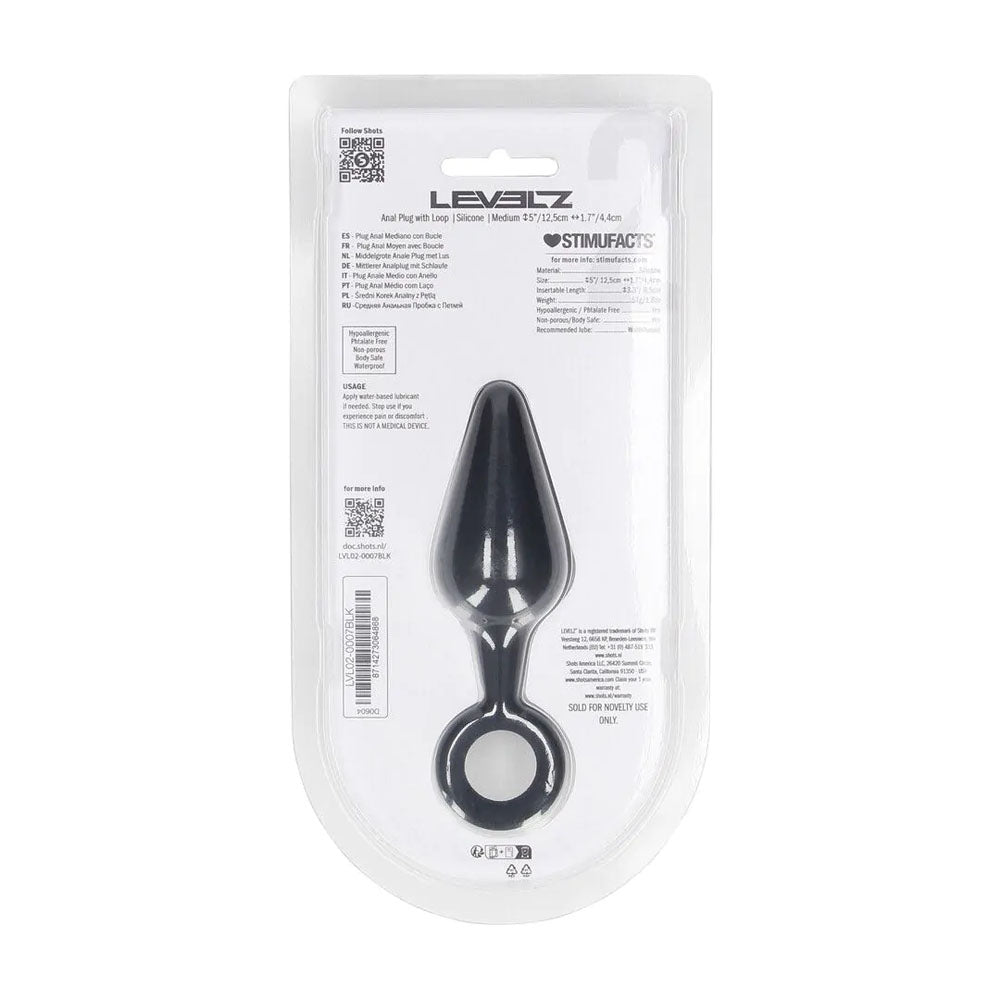 LEVELZ Silicone Anal Plug with Loop - Medium - Black - Black Medium Butt Plug