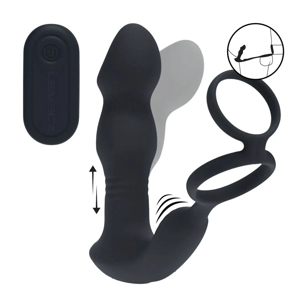 LEVELZ Remote Controlled Prostate Stimulator with Cock Ring - Black USB Rechargeable Vibrating Thrusting Prostate Massager with Cock Ring