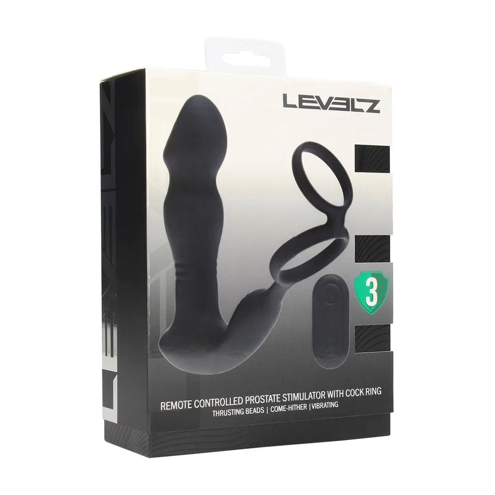 LEVELZ Remote Controlled Prostate Stimulator with Cock Ring - Black USB Rechargeable Vibrating Thrusting Prostate Massager with Cock Ring
